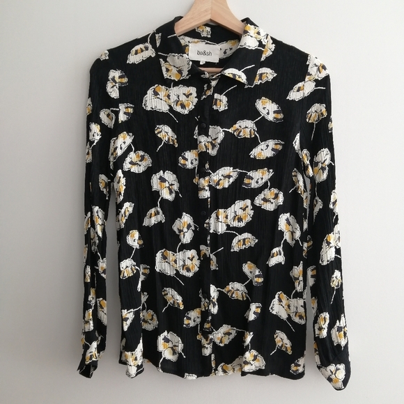 Ba&Sh Una Plisse Pleated Floral Button Up Black w Cream Yellow Flowers XS - Picture 2 of 16